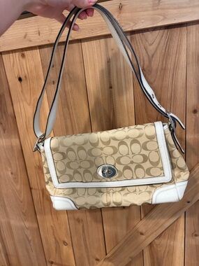 Coach Signature Canvas Shoulder Bag in Beige with White Trim